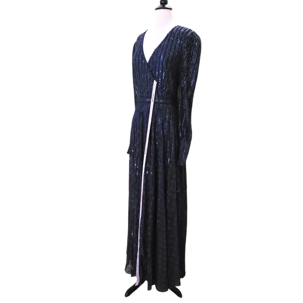 Mac Duggal 93679D Midnight Navy Blue Beaded Lace Long Sleeve Wrap Gown 18 Dress - Picture 8 of 12